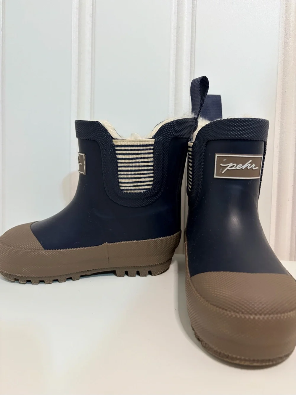 Pehr Kids Navy and Brown fur lined Waterproof Rain Boots
